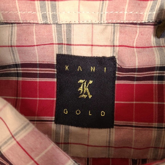 Kani Gold Shirt Mens XL Red Plaid Button Down Short Sleeve Patches Fitted - Picture 3 of 15